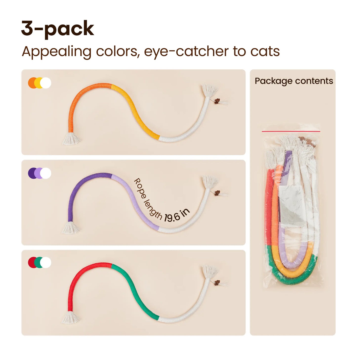 Potaroma 3-Piece Cat Chew Rope Toys, Safe Dental Care & Calming Interactive Toys for Indoor Kittens