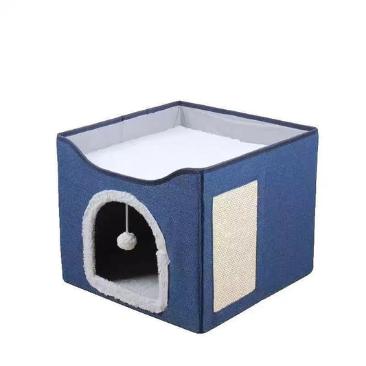 Cat Houses for Indoor Cats - Large Cat Bed Cave with Scratch Pad and Fluffy Ball, Foldable Cat Condo Hideaway with Reversible Cushion, All Seasons Use, for Multiple Small Pets, Dark Ivory Apartment, Easter