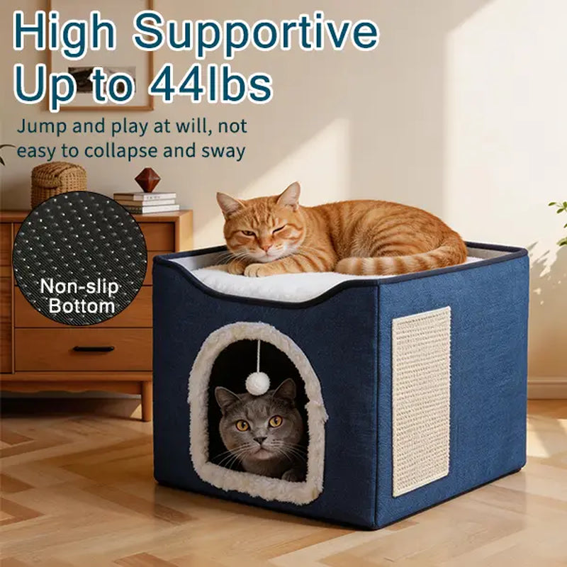 Cat Houses for Indoor Cats - Large Cat Bed Cave with Scratch Pad and Fluffy Ball, Foldable Cat Condo Hideaway with Reversible Cushion, All Seasons Use, for Multiple Small Pets, Dark Ivory Apartment, Easter