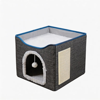 Cat Houses for Indoor Cats - Large Cat Bed Cave with Scratch Pad and Fluffy Ball, Foldable Cat Condo Hideaway with Reversible Cushion, All Seasons Use, for Multiple Small Pets, Dark Ivory Apartment, Easter