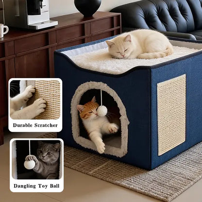 Cat Houses for Indoor Cats - Large Cat Bed Cave with Scratch Pad and Fluffy Ball, Foldable Cat Condo Hideaway with Reversible Cushion, All Seasons Use, for Multiple Small Pets, Dark Ivory Apartment, Easter